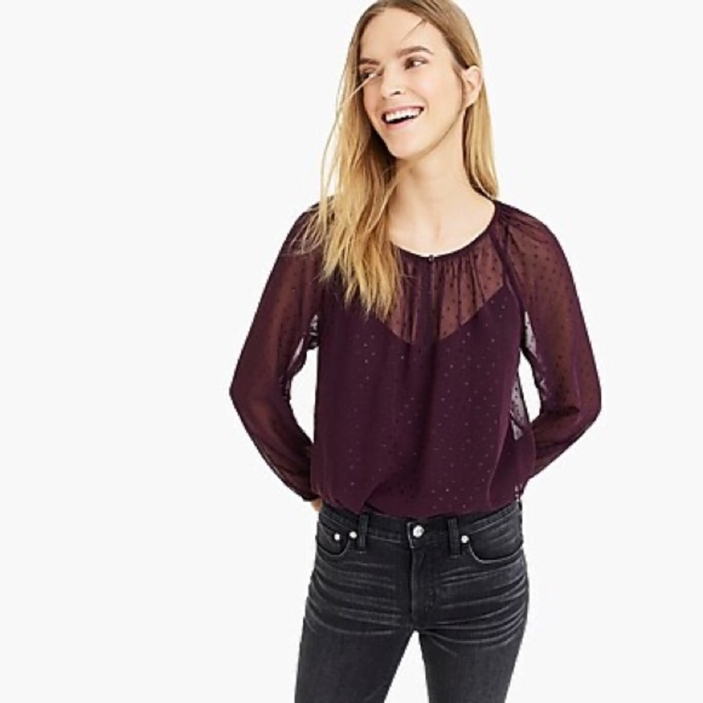 ⭐️ J. Crew Point Sur Popover Pin Dot Chiffon XS Plum Purple Sparkly